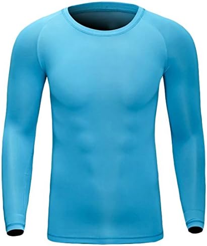 Fulok Men's Long Sleeve Sports Fitness Tights T-Shirt Baselayer Fast Dry Running Compression Top Sky Blue M