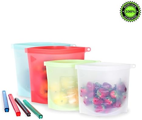 Reusable Food Storage Bags (Set Of 4) By Seabeez: 2 Large 1500ml &amp; 2 Small 1000ml Silicone Bags -With Airtight Leak-Proof Sealing For Fresh Lunch, Snacks, Sandwich –Heating Freezing Dog &amp; Baby Food