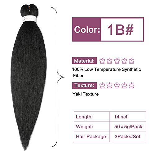 Easy Braid Pre stretched Braiding Hair 14 Inch 3Packs Black Hair Products for Natural Hair Kanekalon Braiding hair Pre stretched Hot Water Setting Box Braid Crochet Hair Extensions (14 Inch,1B#)