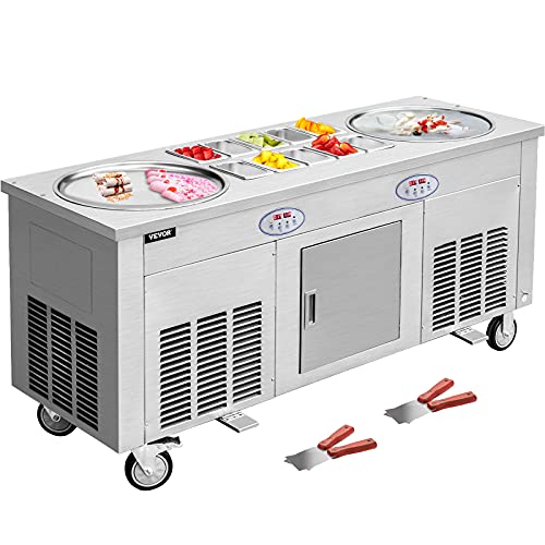 VEVOR Fried Ice Cream Roll Machine, 2-Pan Commercial Ice Roll Maker, Stainless Steel Fried Ice Cream Roll Maker with Refrigerated Cabinet & 10 Boxes, Fried Ice Cream Machine for Bar Cafe Dessert Shops