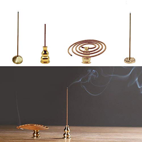 DK177 Incense Sticks Holder Brass Inscent Coil Burner Copper Cone Dish Plate Stand Multihole Calabash Shaped Ash Catcher Set of 4, Sakura Shape