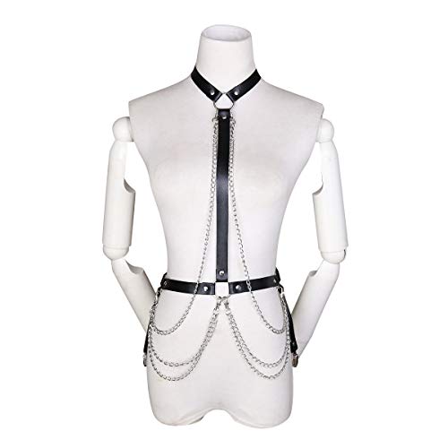Classic Bondage Corset with Metal Chain, PU Leather Erotic Clothes Restraints Fetish Toys for Adult Games, Sexy Dress Up Harness Punk Gothic Body Belt Bra Strap,Black