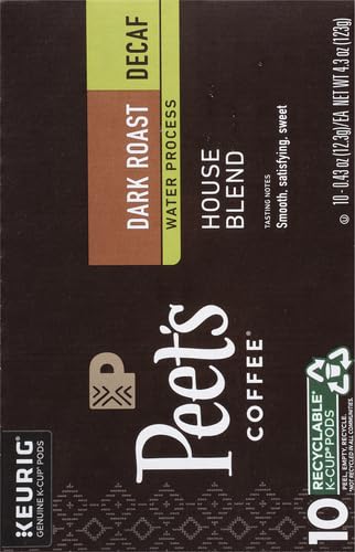 PEET’S COFFEE, DARK ROAST DECAFFEINATED COFFEE K-CUP PODS FOR KEURIG BREWERS – DECAF HOUSE BLEND 10 COUNT (1 BOX OF 10 K-CUP PODS) PACKAGING MAY VARY