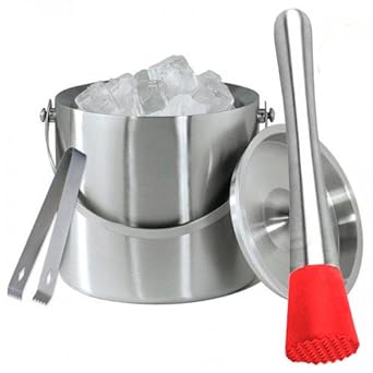King International Stainless Steel Bar Set of 3 Pieces Including Muddler,Ice Tong & Ice Bucket