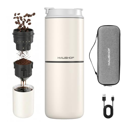 HAUSHOF Portable Cordless Electric Coffee Grinder with Double Thermal Cup 700ml, 5 Adjustable Grinding Levels, All-in-One Pour Coffee Maker for Camping, Outdoor Travel, RV and Office