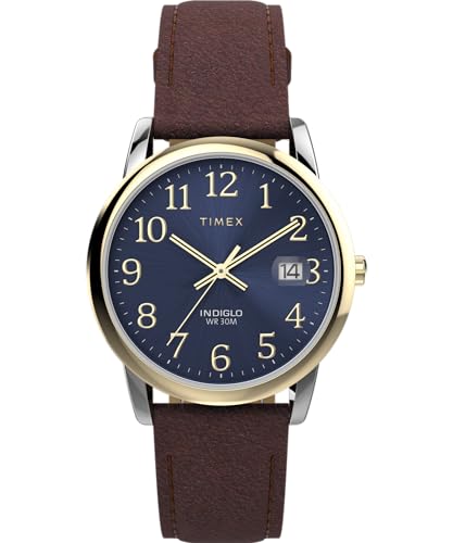 Timex Men's Easy Reader 35mm Watch - Brown Strap Blue Dial Silver-Tone Case