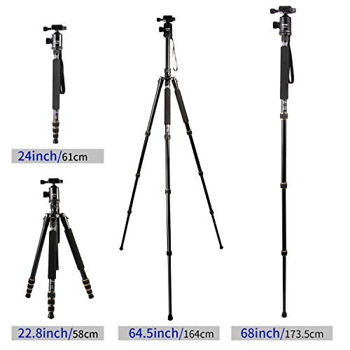 MACTREM Lightweight 66-inch Camera Tripod Detachable Monopod, 360 Degree Ball Head, 1/4 Quick Release Plate with Carrying Tripod Bag for Canon Sony Nikon DSLR Cameras- 33lbs(15kg) Load