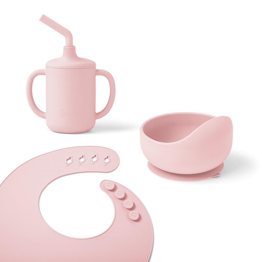 Ergobaby Children's Basic Tableware Set for Babies and Toddlers from 6 Months, Baby Tableware Set with Cup, Bowl and bib, Without BPA, PVC and phthalates, Blush Pink