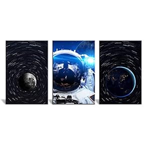 3 Panel Canvas Wall Art - Space Theme with Astronaut and Star Trail of The Earth and The Moon - Giclee Print Gallery Wrap Modern Home Art Ready to Hang - 16"x24" x 3 Panels
