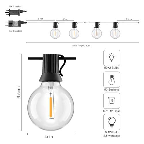Outdoor Festoon String Lights Mains Powered, 100FT/30M Garden String Lights with 50+2 Shatterproof G40 Bulbs, IP44 Waterproof Outside Lighting for Patio Gazebo Pergola Party Wedding (Warm White)