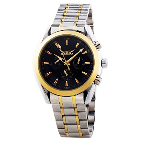 Gute Elegant Mechanical Self-wind Watch Day Date 6hands Black Dial Wristwatch Silver Golden