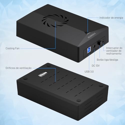 Gabinete para disco rígido externo, gabinete USB 3.0 para SATA para disco rígido SSD SATA de 3,5 ou 2,5 polegadas com ventilador, adaptador de alimentação de 12 V incluído