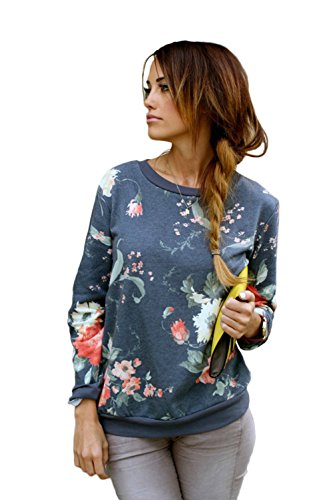 MIXMAX Women Floral Print Long Sleeve Casual Sweatshirt Pullover (X-Large,Flower blue)