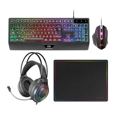 Mars Gaming MCP124PRO, Portoghese, Combo Gaming 4in1, Tastiera RGB H-Mech con Poggiapolsi, Mouse RGB 3200DPI e Switches HUANO, Cuffie FRGB, Tappetino Nanotessile 36x26cm, Multipiattaforma, Nero