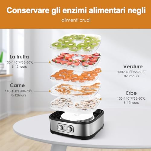 GGJ-261A Essiccatore Alimentare, 5 Vassoi, 35-70°C, Timer 72h, 240W