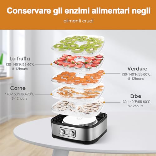 YASHE GGJ-261A Food Dryer, 5 Trays Height Adjustable, Temperature Control from 35 to 70 °C, Fruit and Vegetable Dryer, 240 Watt, BPA Free