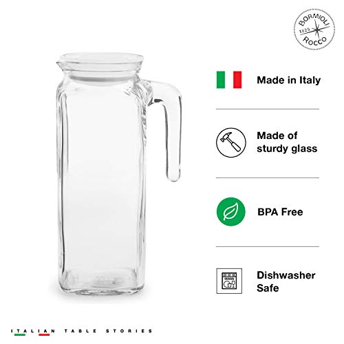 Bormioli Rocco Glass Frigoverre Jug With Airtight Lid (1 Liter): Clear Pitcher With Hermetic Sealing, Easy Pour Spout & Handle – For Water, Juice, Iced Coffee & Iced Tea