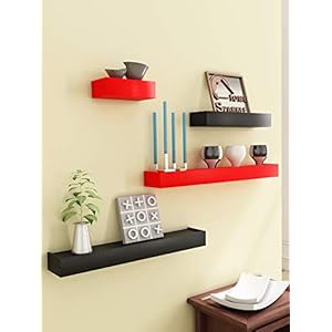 Home Sparkle Wood Floating Shelf (Black & Red, Set of 4)
