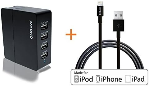 [Apple MFi Certified - Combo Saver Pack] MYOHO 7.2 A 36 W Four Port (4 - Port) Universal High Speed USB Wall Charger + Lightning Cable 3.3ft 1m; Incredible convenient saver value bundle! Top of the line charger with smart sensing, rapid charging of 4 mobile devices at combined 7.2 Amps (2 ports at 2.4 A, 2 ports at 1.2 A); Equipped with intelligent detection circuit; fast, efficient, stylish, light weight, compact, portable with LED and foldable prongs; Comes with a MYOHO Lightning to USB Charge &amp; Sync Cable; Premium grade, tangle-free with compact connector head. For Apple's iPhone 6S Plus / 6S / 6 Plus / 6 / 5S / 5C / 5, iPad Air, iPad Air 2, iPad mini / mini 2, iPad 4th generation, iPod Touch 5th generation and iPod nano 7th generation. 4-port charger also compatible with Samsung Galaxy S6, S6 Edge, S5, S4, S3, S2, Galaxy Note 5, Note 3, Note 2; LG G2; Nexus 5, 7, 10; Motorola Droid, Razr, Maxx; Blackberry; Nook; Nokia Lumia 2520; HTC One M8 X V S; other apple, android, Windows smartphones, tablets, Bluetooth speakers &amp; headsets, all USB powered devices; 1 Year Warranty! (Black + Black Cable)