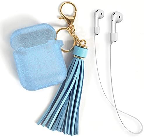 AirPods Case 3 in 1 Airpods Accessories Kits Protective Silicone Cover and Skin with Sequins for Airpods Charging Case with Airpods Ear Hook Grips&Tassel Ornaments (Blue)