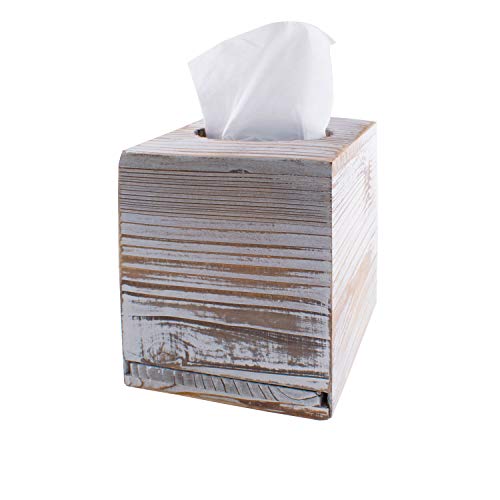 Hiyoo Square Tissue Box, Brown Cover Decorative Rustic Wood Cube Tissue Holder with Slide-Out Bottom Panel for Living Room Napkin Box Carton Paper Cube Box Office Bathroom Living Room (No Tissue)