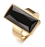MEALGUET Stainless Steel Gold Plated Rectangle Large Glass Women's Fashion Cocktail Ring, Black, Size 9