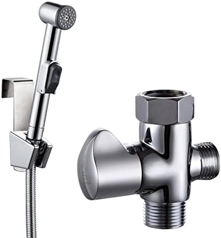 Interior Solutions Toilet Bidet Sprayer with T-adapter and Shower Hose and Bracket Holder Bathroom Toilet Attachment with Cloth Diaper Spray Wand Shattaf Polished Chrome SS6004+D2011