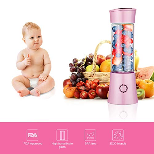 Portable Blender with 16 oz Travel Cup and Lid, USB Rechargeable Personal Smoothie Blender, Cordless Handheld Small Mini Single Serve Juicer Blender