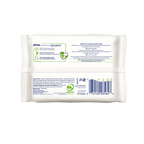 NIVEA 3IN1 CARING CLEANSING WIPES FOR FACE AND EYES, EFFECTIVE AS A WATERPROOF MAKEUP REMOVER, GENTLE FACIAL CLEANSER FOR DRY AND SENSITIVE SKIN, 40 CT