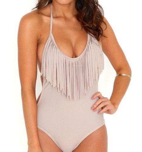 V28® Padded One Piece Fringed Swimsuit Swimwear Monokini (US size: S, Nude2)