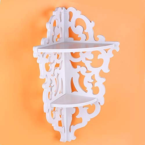 Corner Shelf Wall Mounted, 2 Tier Small Carved White Corner Filigree Shelves Floating Shabby Chic Shelf for Living Room Bedroom Kitchen Office