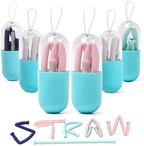 Silicone Collapsible Straws Drinking Reusable - Eco Friendly Foldable Straws with Carrying Case and Cleaning Brush, Final Premium Food-Grade BPA free Straws for Travel, Household, Outdoor （6 Pack ）