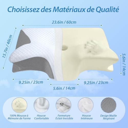 Oreiller Cervical à Mémoire de Forme pour Tous Les Dormeurs, Gris