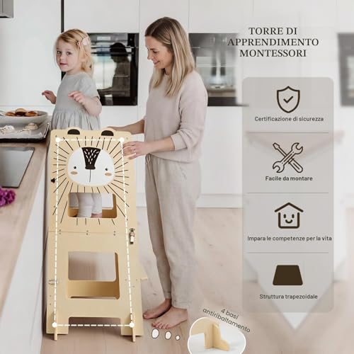 labebe Montessori Tower Kids (98cm Height), Large Size Wooden Folding Montessori Tower, 3 in 1 Kids Desk and Chair Set Transformable with Chalkboard