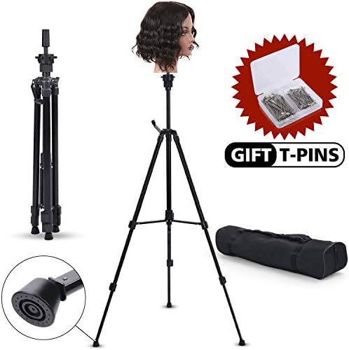 Klvied Metal Adjustable Tripod Wig Stand, Mannequin Head Holder Stand, Canvas Block Wig Head Stand, for Hairdryer, Hair Salon, Hairdressing, Cosmetology Training with T-Pins, Portable Travel Bag, Blac