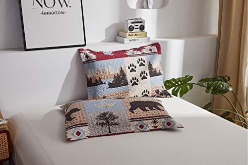 Lodge Bedding Set Full/Queen Size Rustic Cabin Quilt Set Pine Tree Moose Bear Bedspread Coverlet with Sham Soft Reversible All Season Bed Set, 1 Quilt 2 Pillow Shams