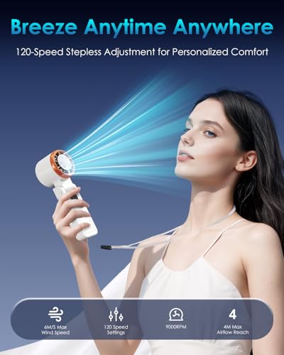 Marchpower Mini Ventilateur Portable à Main Avec 120 Vitesses Fonction de Refroidissement 3600mAh Rechargeable Silencieux Puissant Petit Ventilateur de Poche USB Pliable -Blanc