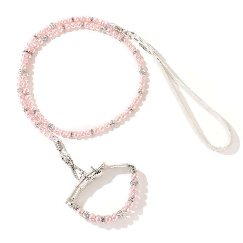 Dog Collar and Lead Set,Adjustable Dog Collar and Leash Set with Pearl Bling Rhinestone Diamond,Safety Pet Pearl Collar Leash Kit with PU Handle for Pet Puppy Kitten (L, Pink Set)
