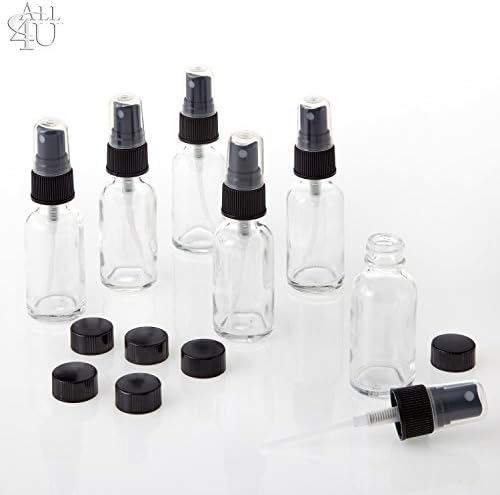 1 Oz Clear Boston Round Glass Bottle w/ Fine Mist Sprayer +Cap Pack of 6