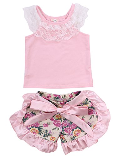 Cute Baby Girl Lace Tops T-shirt+Shorts Ruffles Floral Pants Outfits Set Costume