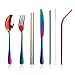 Stainless Steel Flatware Set Reusable Cutlery Set Travel Utensils Set with Straws for Camping Office or School Lunch,Dishwasher Safe (Rainbow)