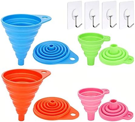 Crenics Collapsible Funnel Set of 4,Small and Large, Flexible Silicone Foldable Kitchen Funnel for Liquid/Powder Transfer,100% Food Grade Silicone Bpa Free Cooking Silicone Funnels with 4 Wall Hooks