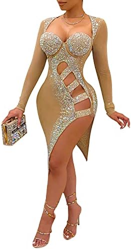 PORRCEY Women's Sexy Hot Drilling Craft Dress Long Sleeve Bodycon Party  Club Night Out Dress(2123,Beige,L) price in UAE | Amazon UAE | kanbkam
