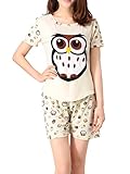 VENTELAN Women's Cute Owl Printed Sleepwear Pajama Sets Comfy Summer Shorts