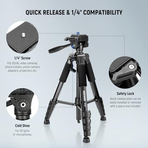 NEEWER BASICS Camera Tripod, 71'' Tripod with Cell Phone Holder Mount Compatible with iPhone for Video Recording, Professional Aluminum Lightweight Portable Travel Stand with 3 Way Pan Tilt Head, TP55
