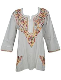 Womens Tunic Kurti Floral Hand Embroidered Elegant Style Bohemian Fashion Top Blouse