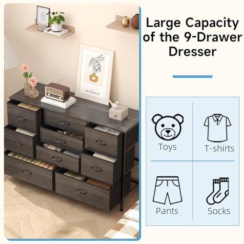 Flrrtenv Tall 9 Drawers Dresser Storage with Wood Top, TV Stand, Fabric Wide Storage Tower, Sturdy Steel Frame Storage Organizer Fit for Bedroom, Living Room, Hallway, Entryway, Closets, Black Oak