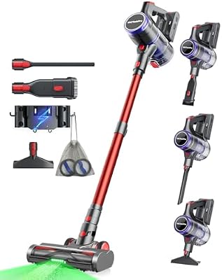 55000Pa/600W/70Min Akku Staubsauger Kabellos, 1.6L Akkustaubsauger mit 8-Schicht-Filterung, Super Leise Kabelloser Staubsauger mit Anti-Tangle Bodenbürste für Hartböden, Rot