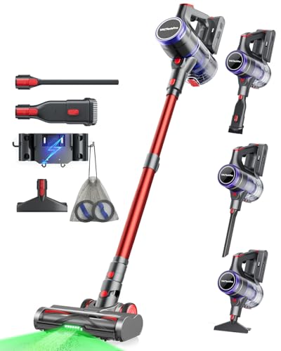 48000Pa/550W/70Min Aspirateur Balai sans Fil, 1.6L Aspirateur sans Fil avec Filtration à 8 Couches, Très Silencieux Aspirateur avec Brosse à Sol Anti-Tangle, Aspirateur Balai, Rouge