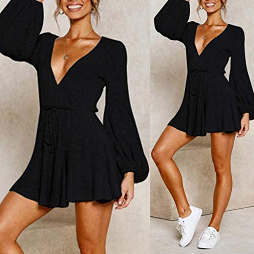 Nyuiuo Damen Bohemian Minikleid Damen V-Ausschnitt Blumendruck Langarm Bandage Strap Strandkleid Sommermode Print… – Bild 3